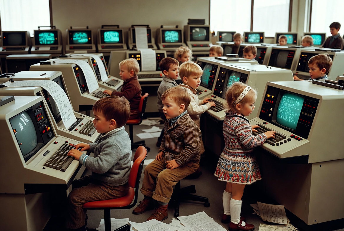 Small children seated at rows of vintage glass-teletype computer terminals, green-phosphor CRT screens glowing