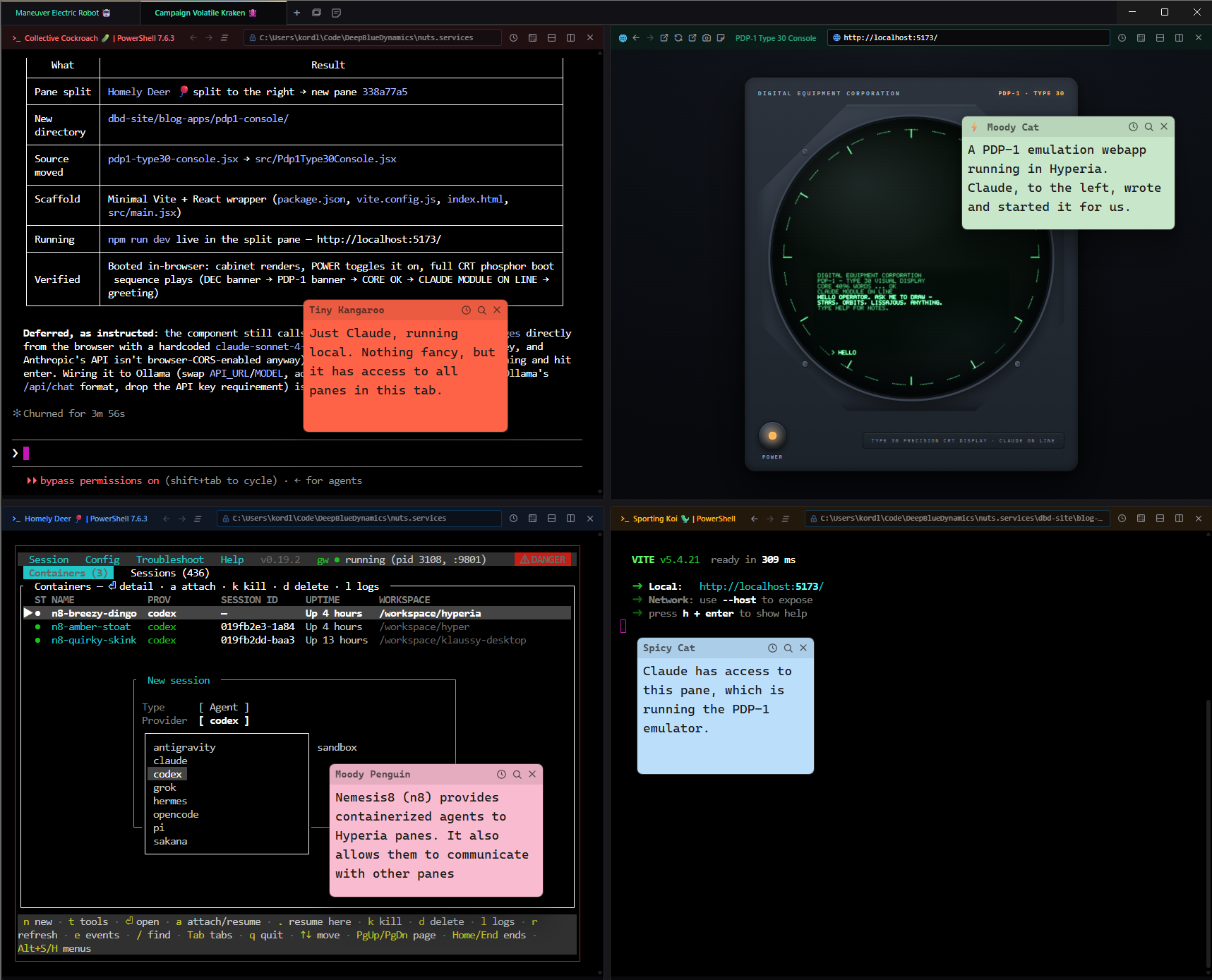 A real desktop screenshot: a diff of the Hyperia codebase being edited, the actual GitHub issue #8203 opened against vercel/hyper, and the Hyperia app itself running with active agent containers and a sticky note reading Hello world, Hyperia is here.