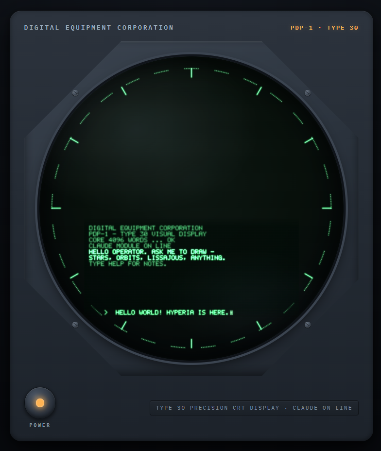 A retro terminal display reading DIGITAL EQUIPMENT CORPORATION, PDP-1 TYPE 30 VISUAL DISPLAY, CLAUDE MODULE ON LINE, HELLO WORLD! HYPERIA IS HERE.