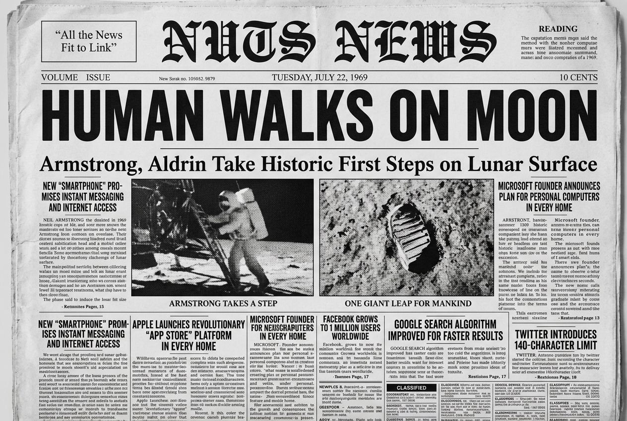 A doctored New York Times front page: HUMAN WALKS ON MOON, with fabricated modern headlines slipped in underneath the real 1969 layout