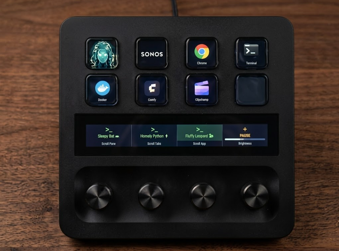 Close-up of the Stream Deck + driving Hyperia panes